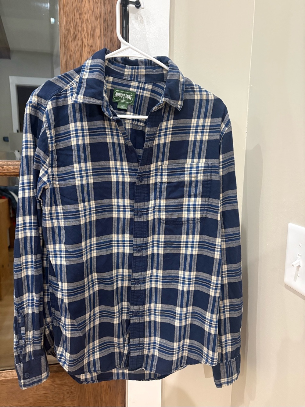American Eagle Outfitters Navy and Cream Plaid Button-Down Shirt